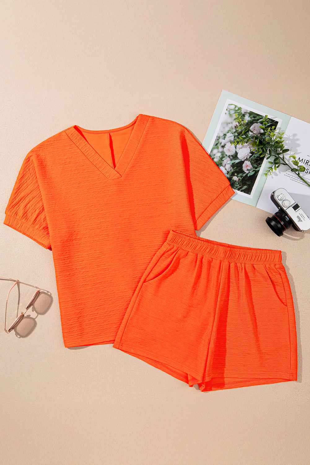 Solid Textured T-Shirt and Shorts Set
