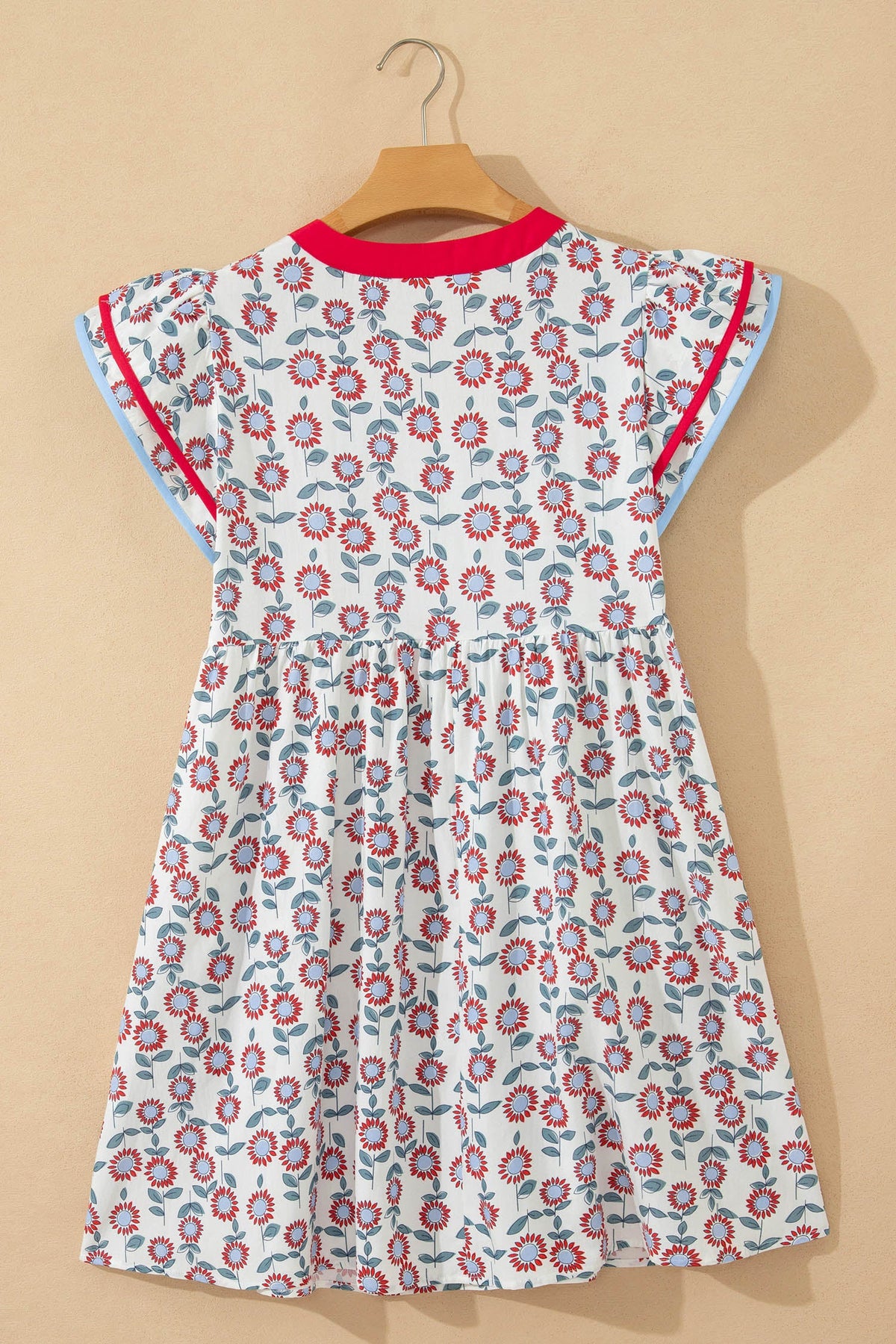 Floral Contrast Trim V-Neck Flutter Sleeve Mini Dress