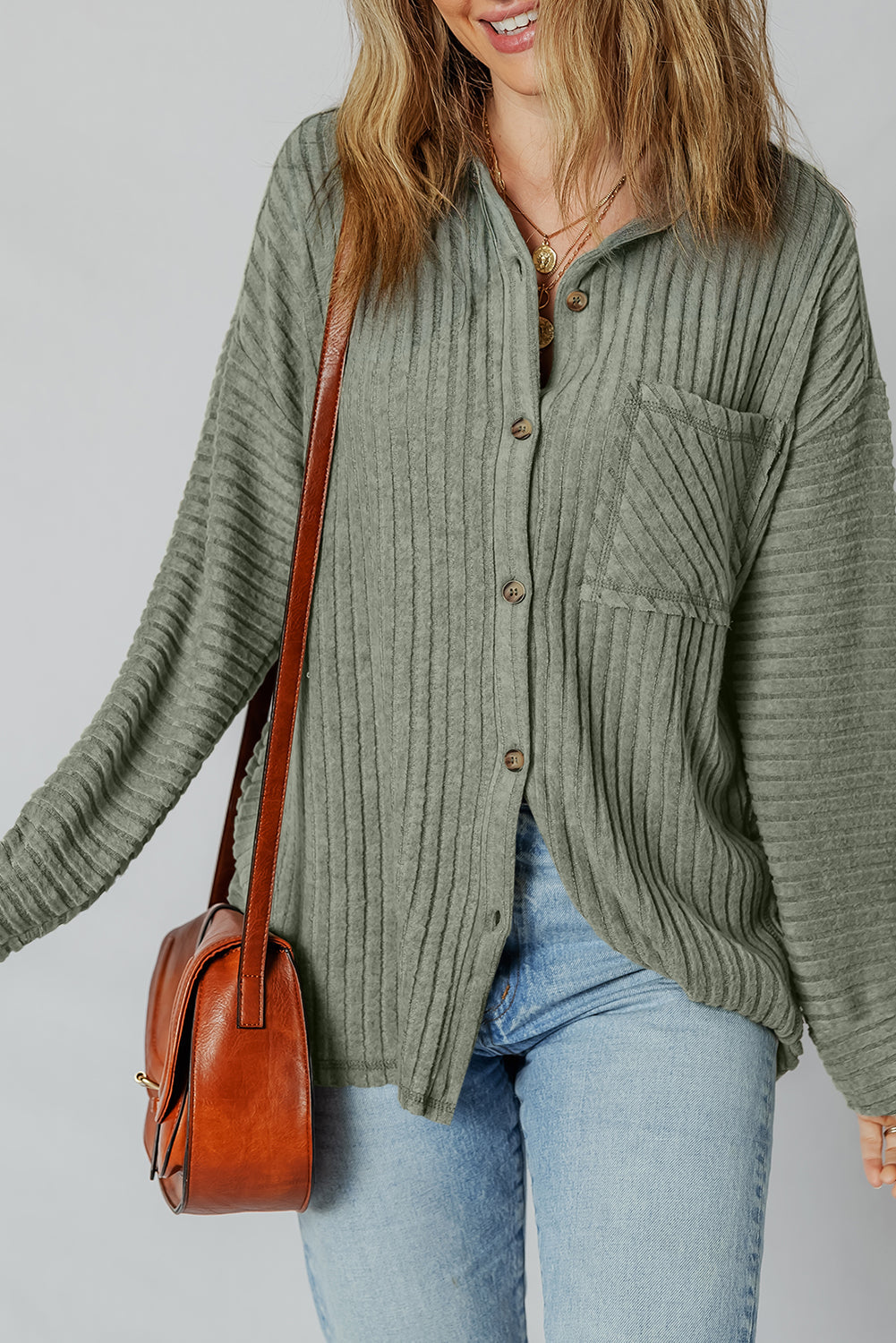 Thermal Ribbed Button-Up Drop Shoulder Textured Shacket