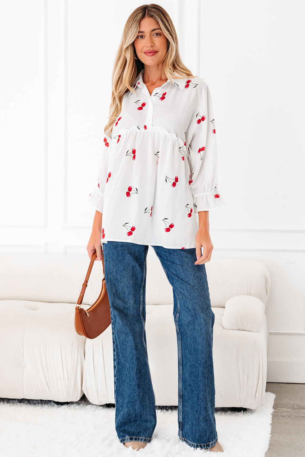 Cherry Frilled Collar 3/4 Sleeve Babydoll Blouse