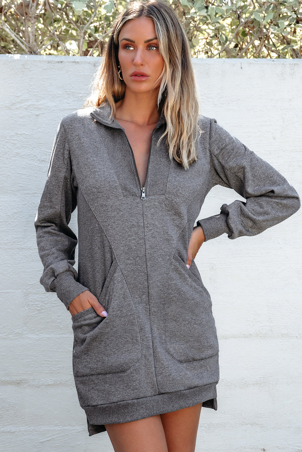 Solid Ribbed Patchwork Pocketed Sweatshirt Dress