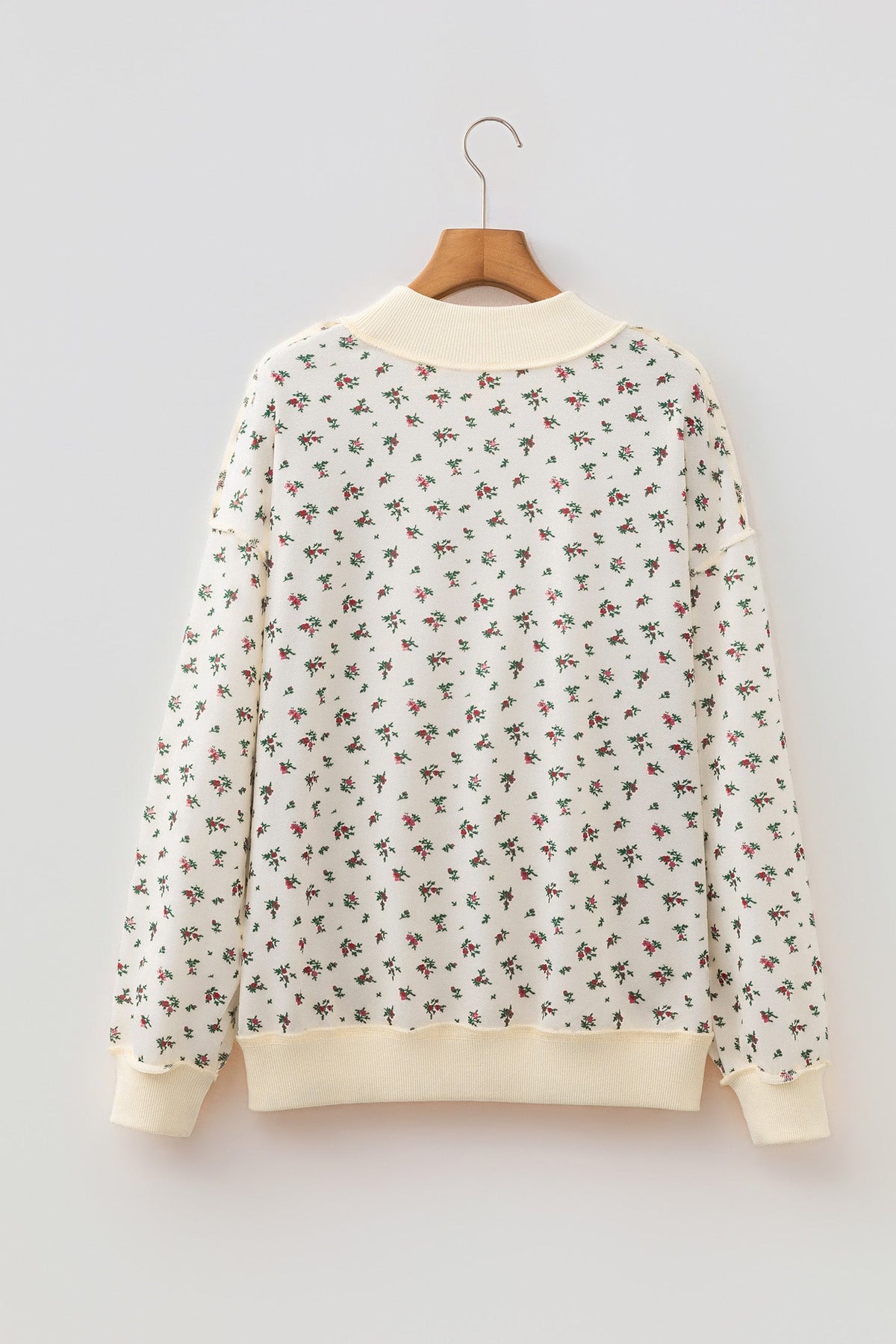 Floral Ribbed High Neck Exposed Hem Baggy Sweatshirt