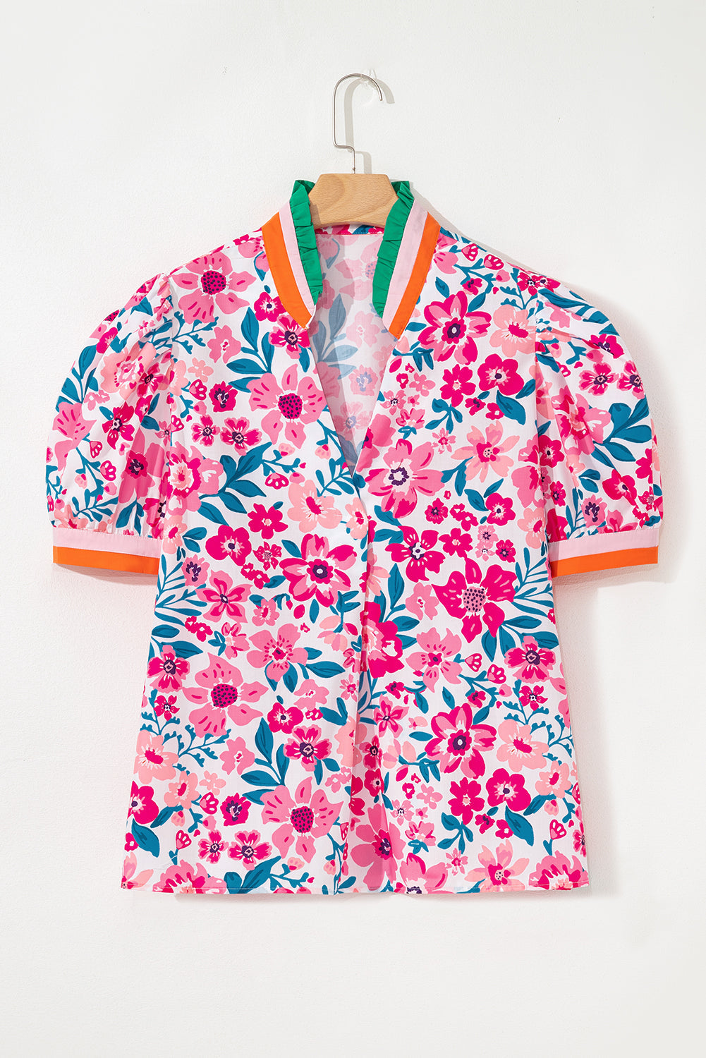 Floral Contrast Stripe Short Sleeve Blouse