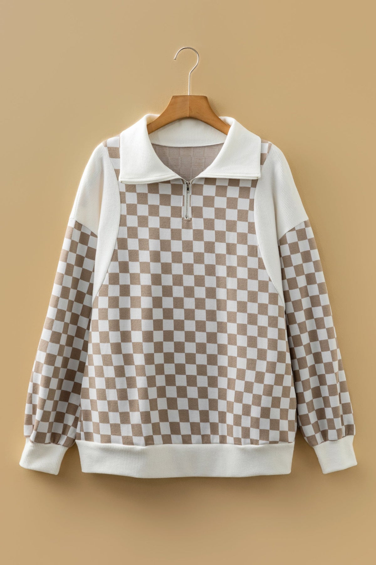 Checker Ribbed Patchwork Quarter Zip Sweatshirt