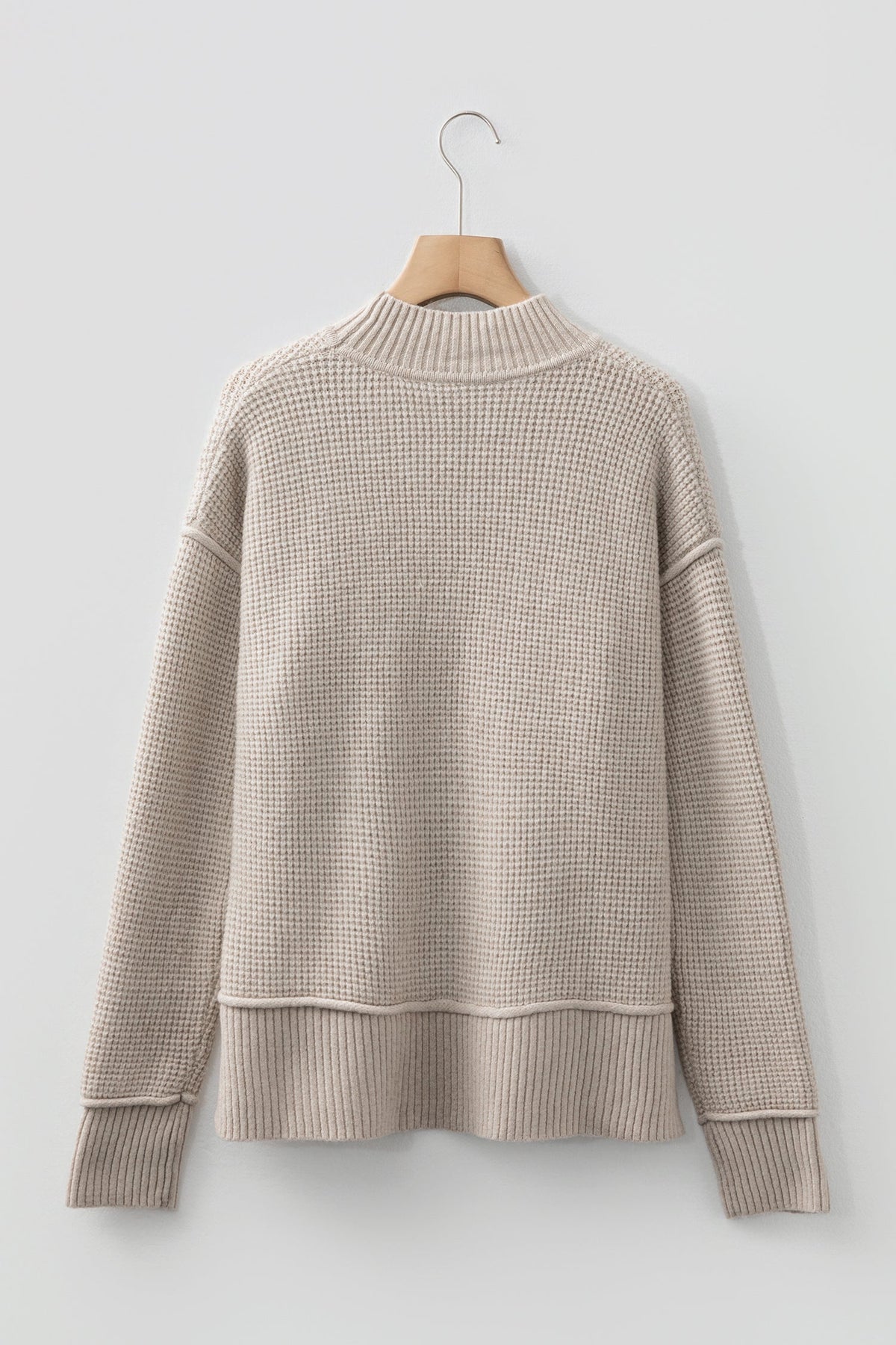 Waffle Knit Ribbed High Neck Drop Shoulder Sweater