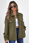 Solid Flap Pocket Shirt Collar Zip Up Jacket