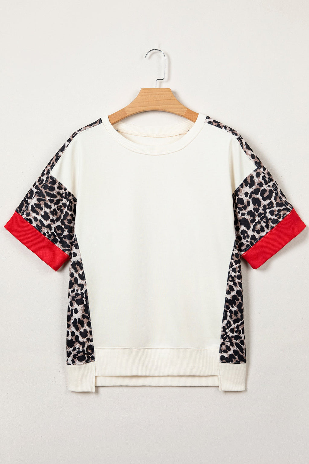Leopard Patchwork Uneven Hem Short Sleeve Top