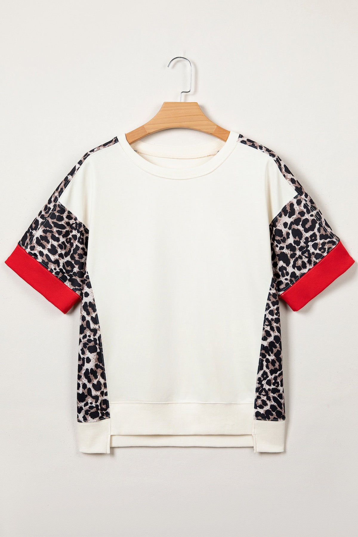 Leopard Patchwork Uneven Hem Short Sleeve Top