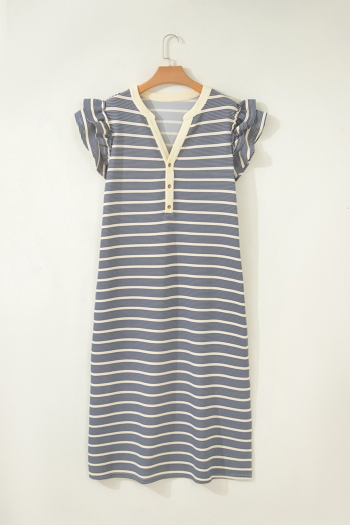Plus Size Stripe Ruffle Sleeve Button V-Neck Dress