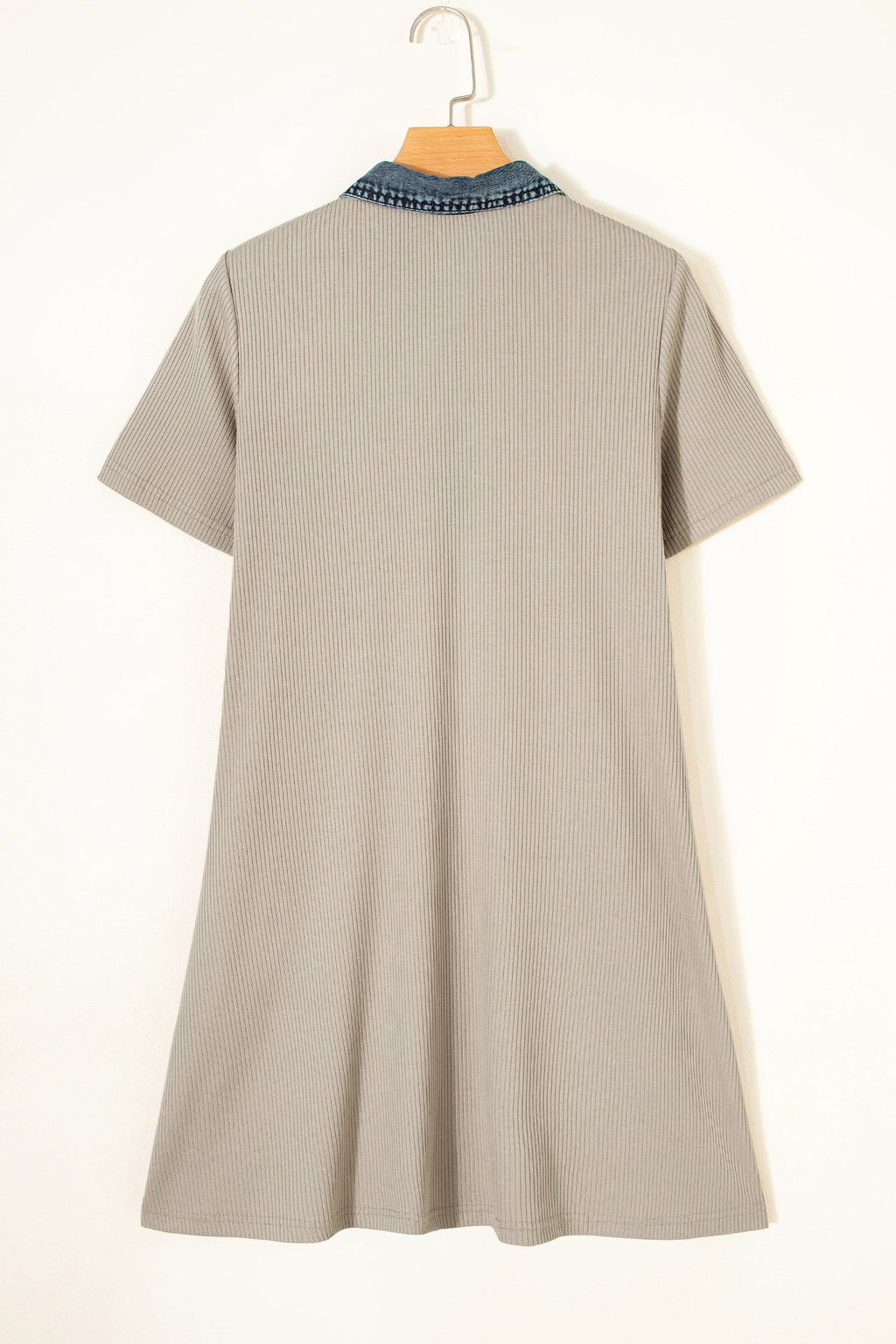 Denim Patchwork Ribbed Knit Polo Collar Dress