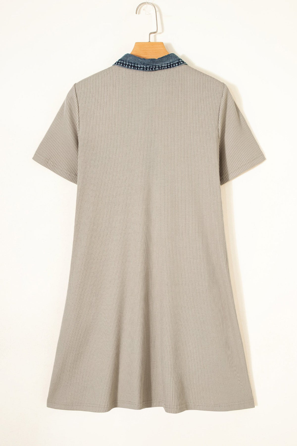 Denim Patchwork Ribbed Knit Polo Collar Dress