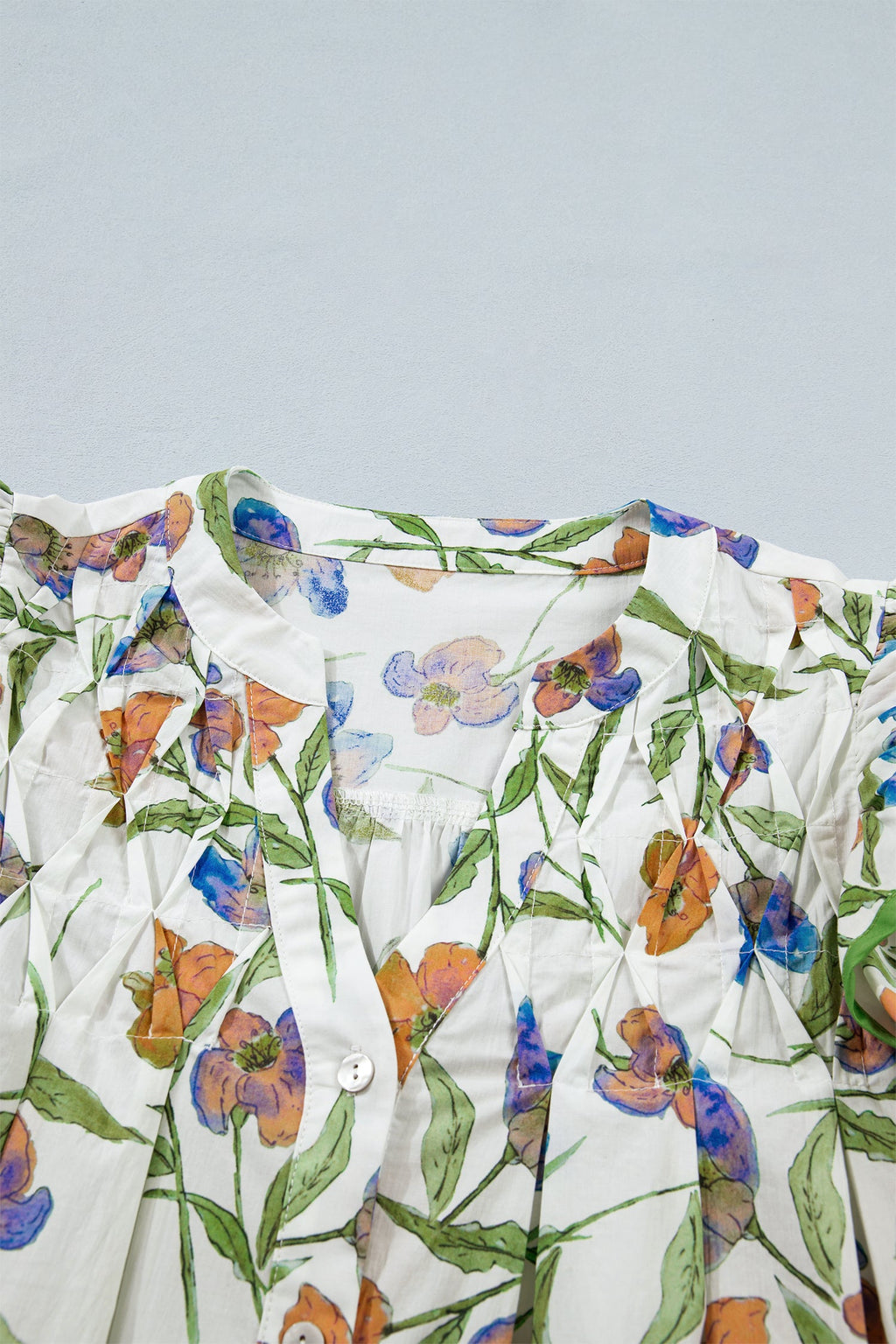 Floral Ruffle Sleeve Pleated Button Up V-Neck Blouse