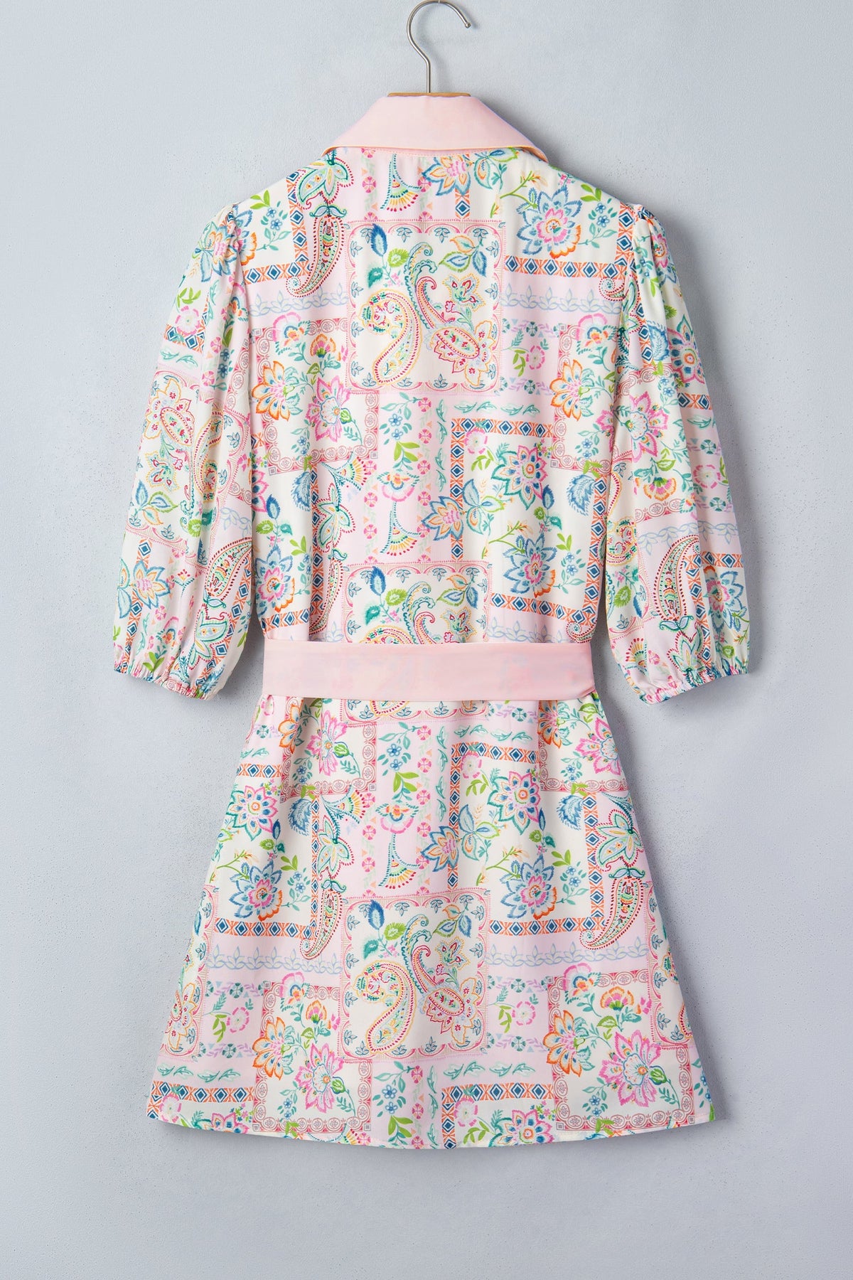 Boho Floral Colorblock 3/4 Sleeve Belted Mini Dress