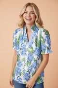 Floral Palm Stripe Patchwork V-Neck Short Sleeve Blouse