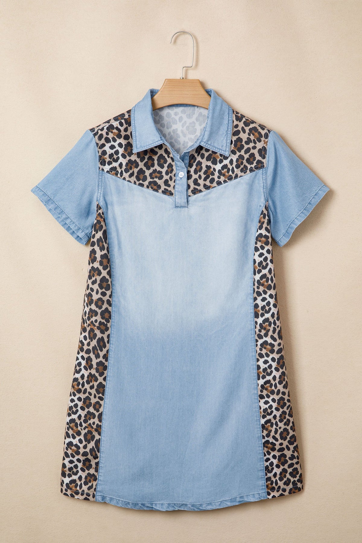 Leopard Patchwork Colorblock Shirt Collar Mini Dress