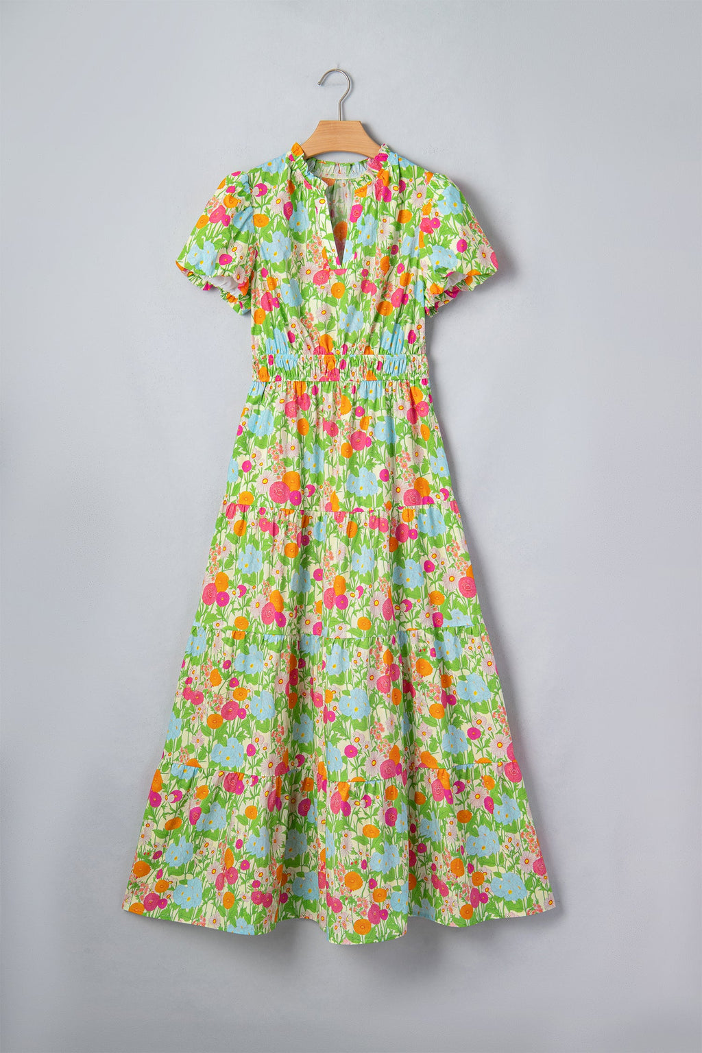 Floral V-Neck Short Puff Sleeve Maxi Dress