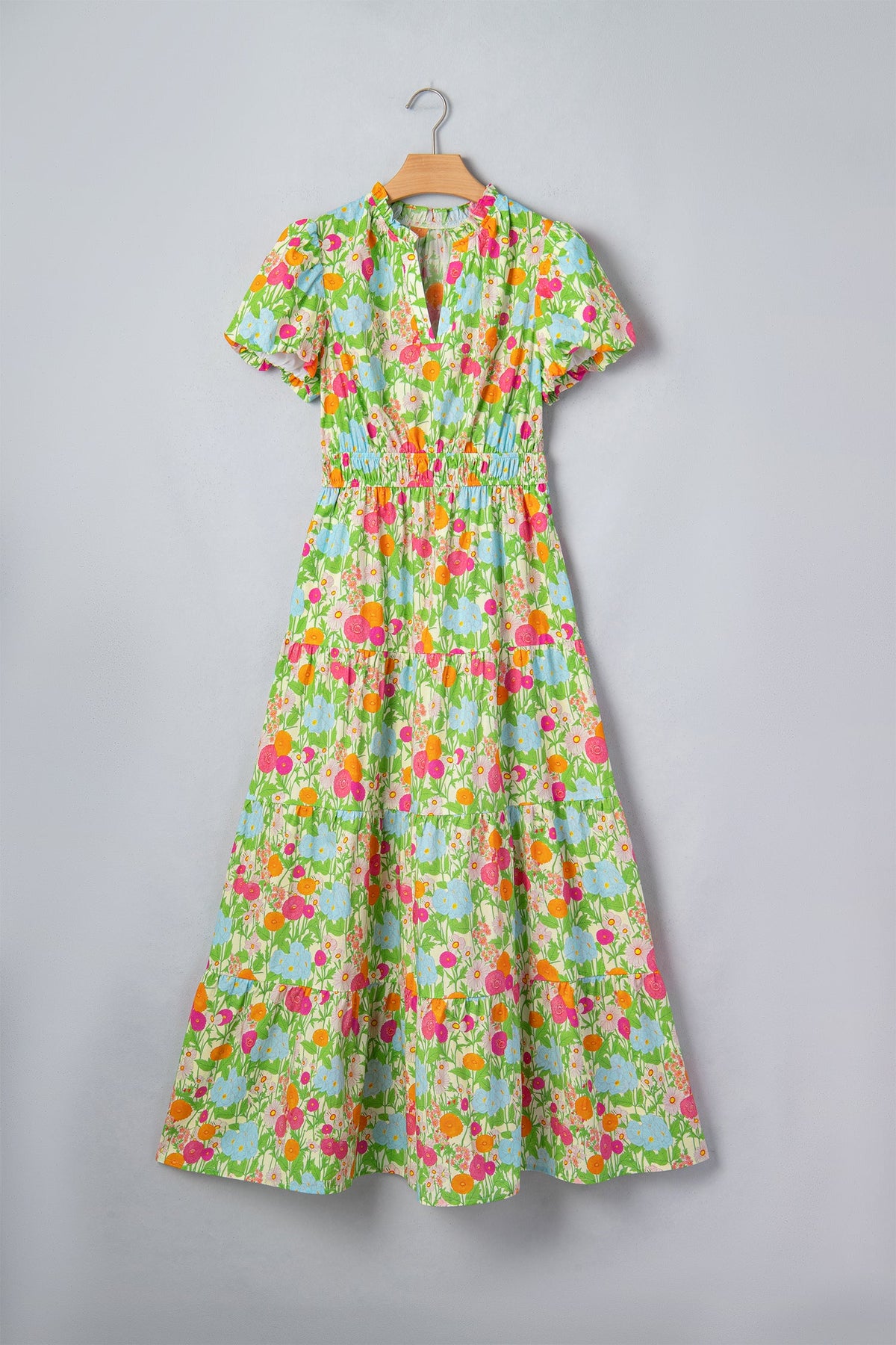 Floral V-Neck Short Puff Sleeve Maxi Dress