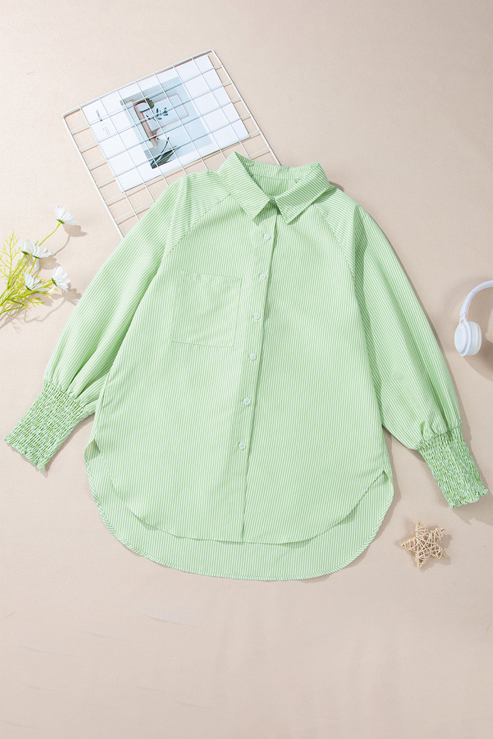 Stripe Shirred Cuff Button-Up Shirt