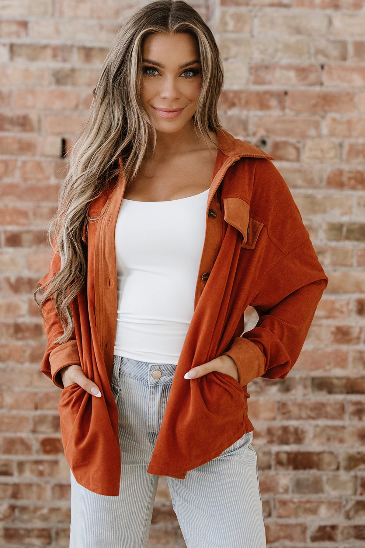 Velvet Button-Up Flap Pocket Drop Shoulder Shacket
