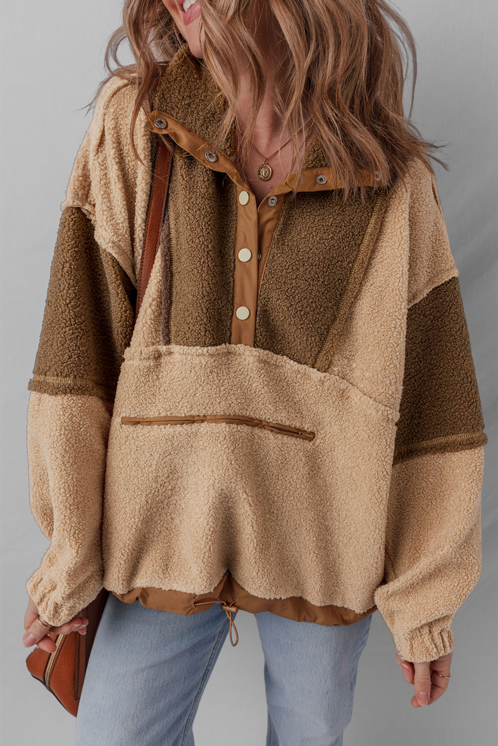 Colorblock Sherpa Patchwork Half Button Sweatshirt