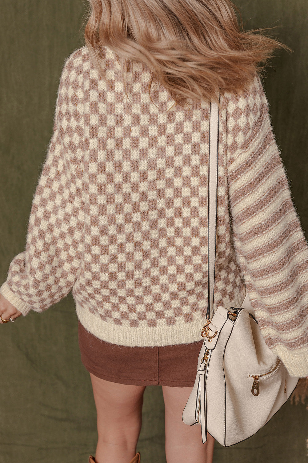 Stripe Checker Balloon Sleeve Sweater