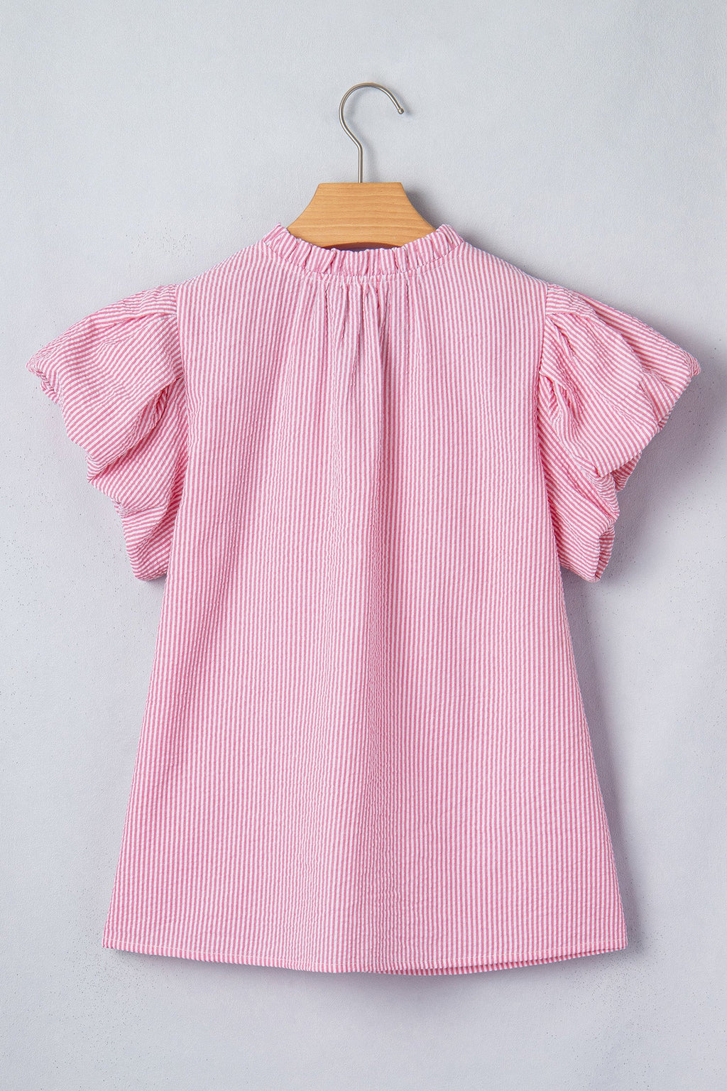 Stripe Short Bubble Sleeve Split V-Neck Blouse