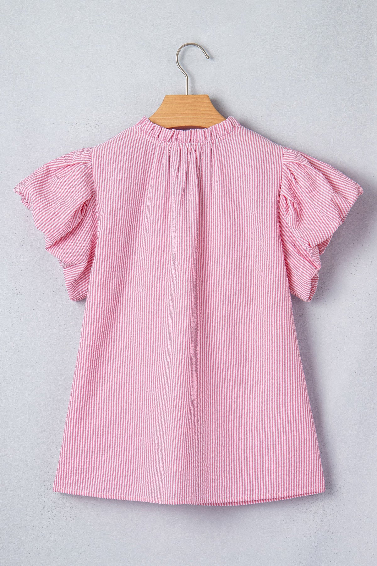 Stripe Short Bubble Sleeve Split V-Neck Blouse