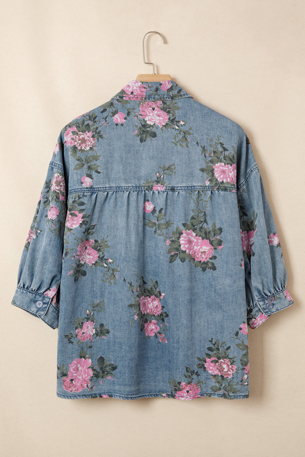 Floral Denim 3/4 Sleeve Buttoned Shirt