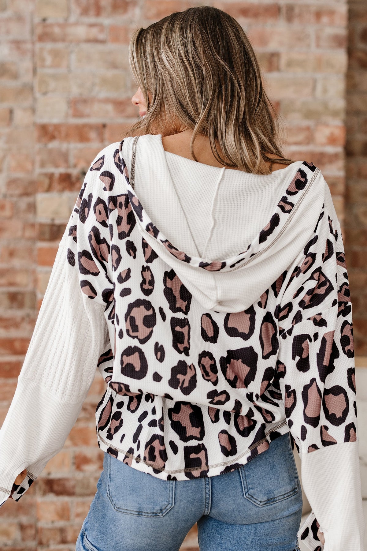Leopard Waffle Knit Patchwork Zip Up Hoodie