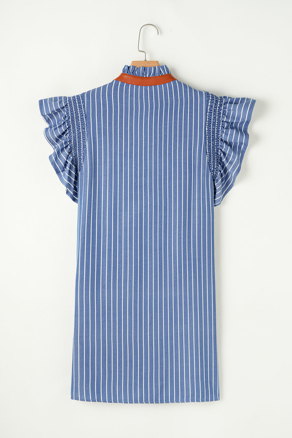 Stripe Frilly Neck Shirred Ruffle Sleeve Mini Dress