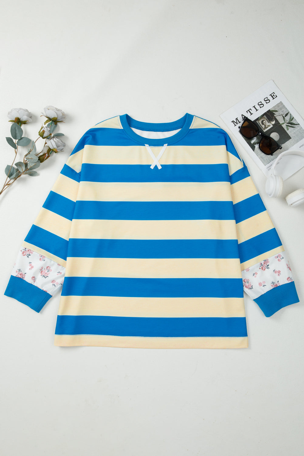 Plus Size Stripe Floral Colorblock Drop Shoulder Top