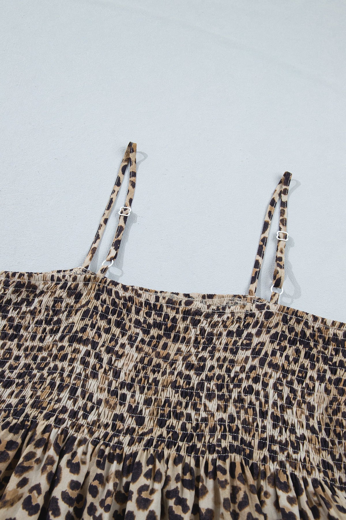 Leopard Shirred Ruffle Spaghetti Strap Tank Top