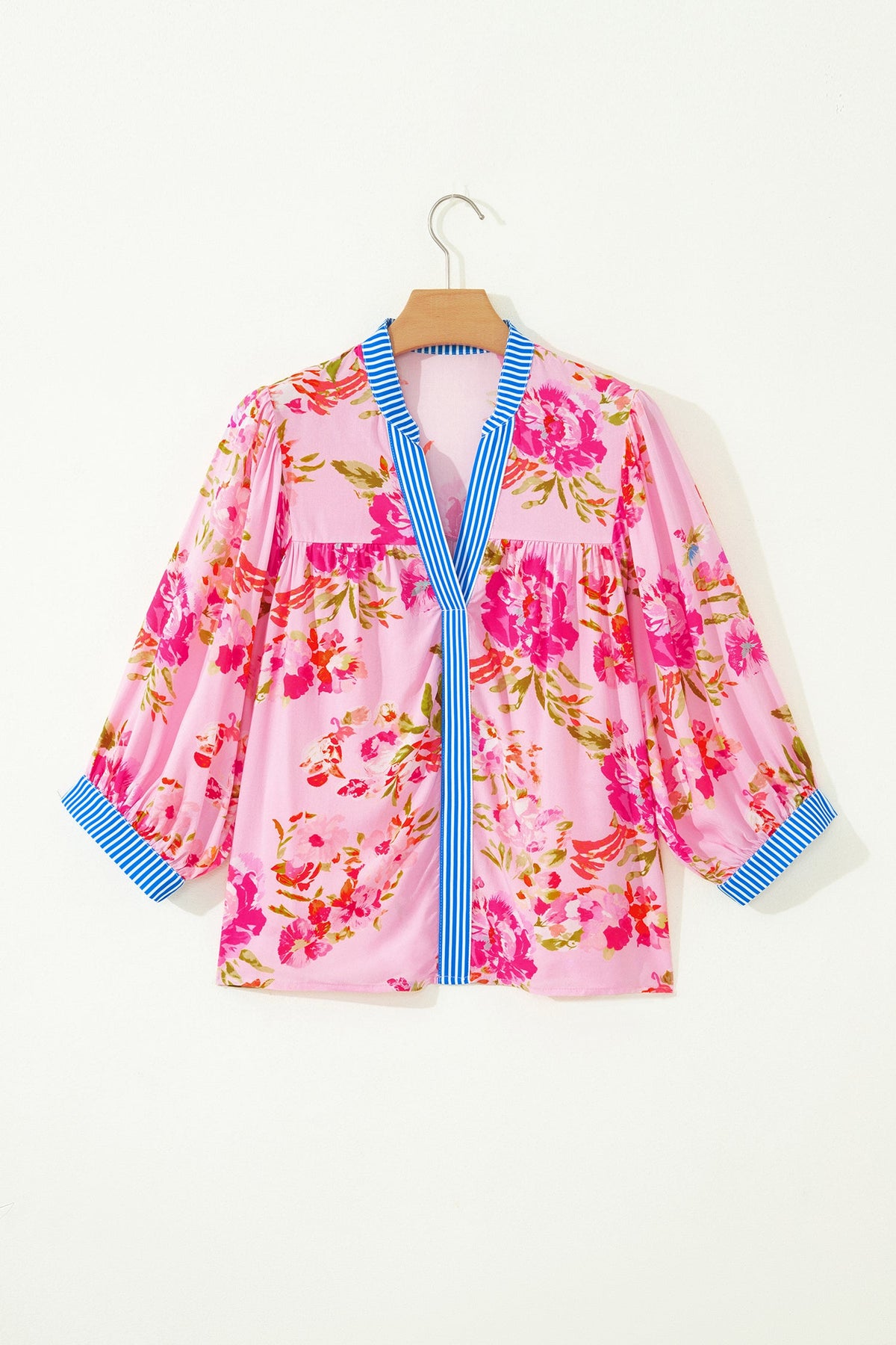Floral 3/4 Sleeve Stripe Trim V-Neck Blouse