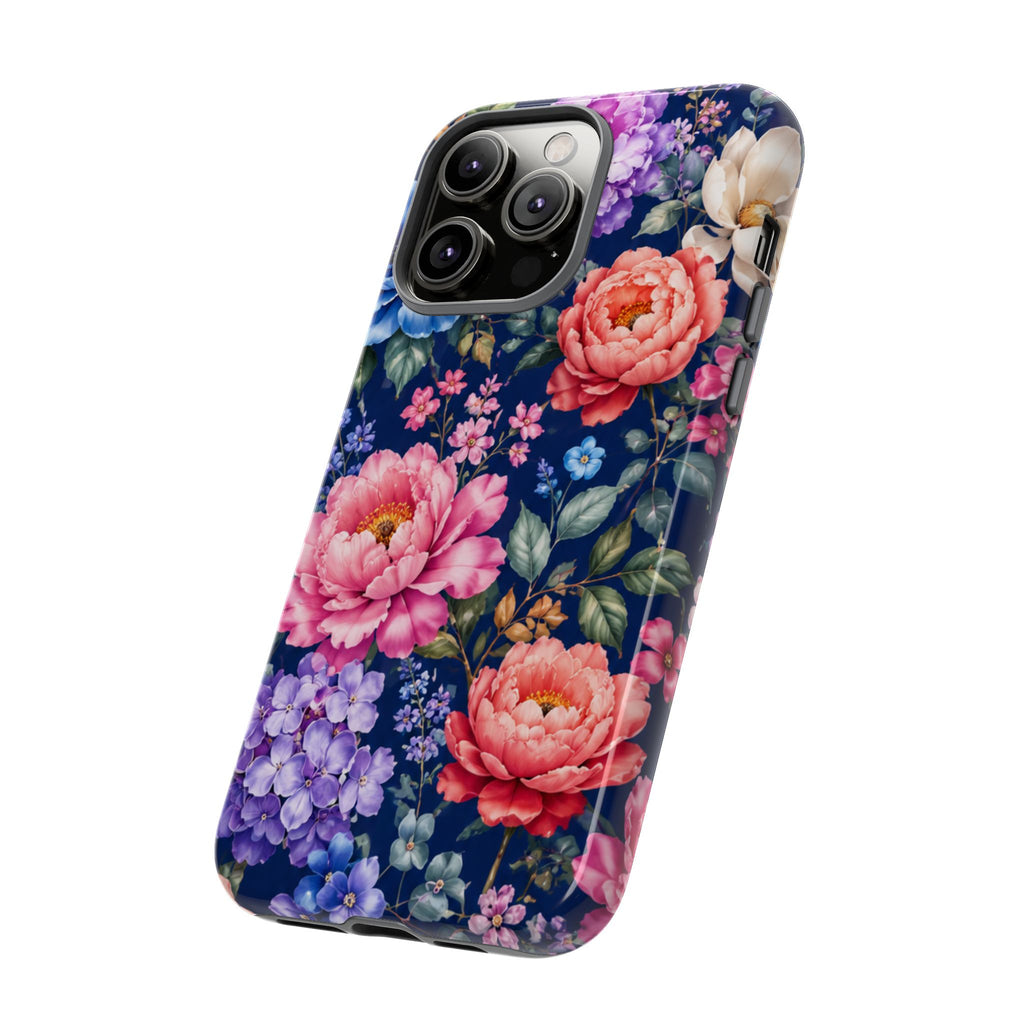 Floral Tough Phone Case – Vibrant Garden Flowers on Navy