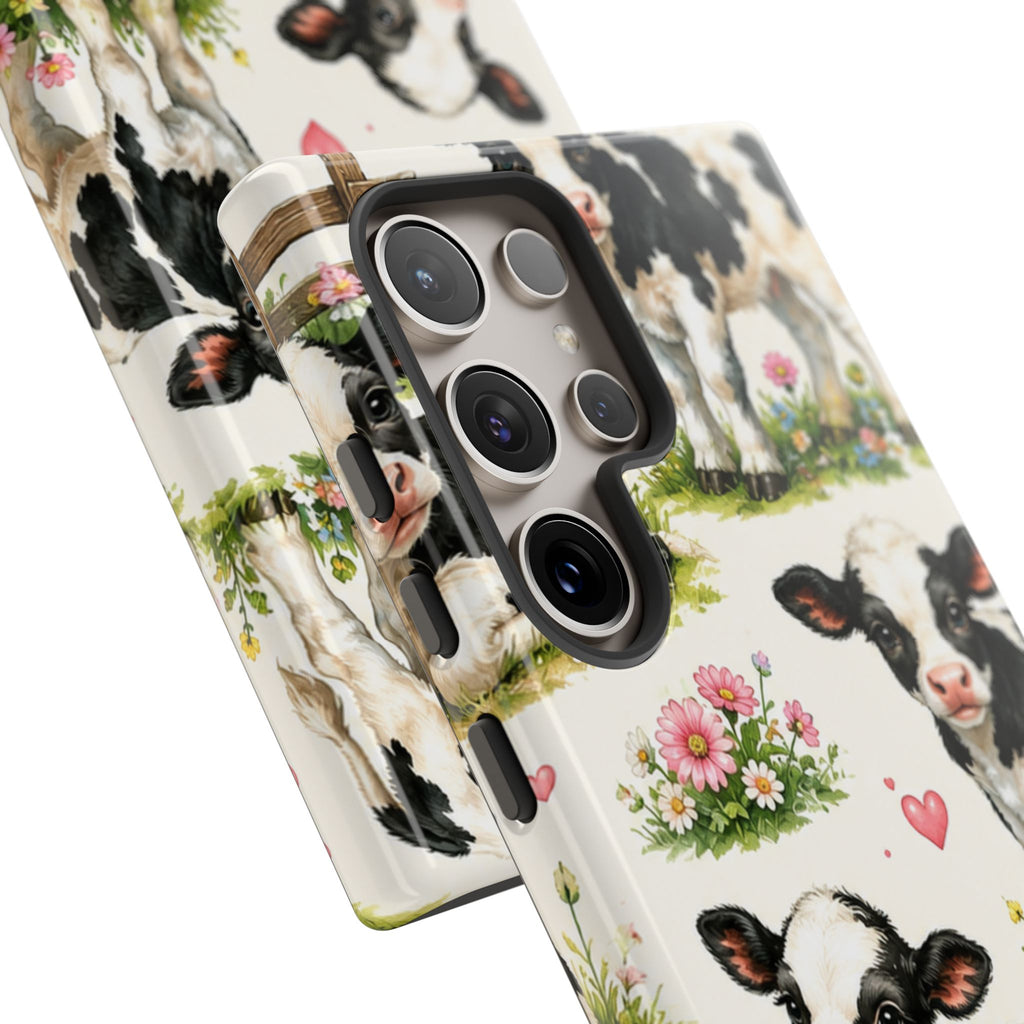 Cute Calf Pattern Phone Case – Pastel Cow Hearts & Flowers Protective Cover