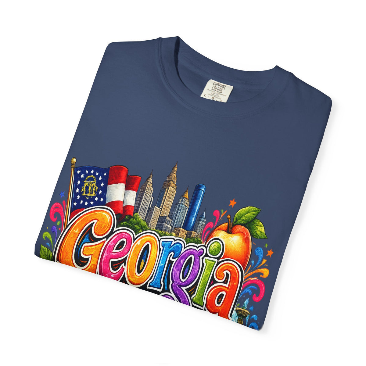 Georgia state illustration T-shirt | Atlanta skyline, peach, magnolia