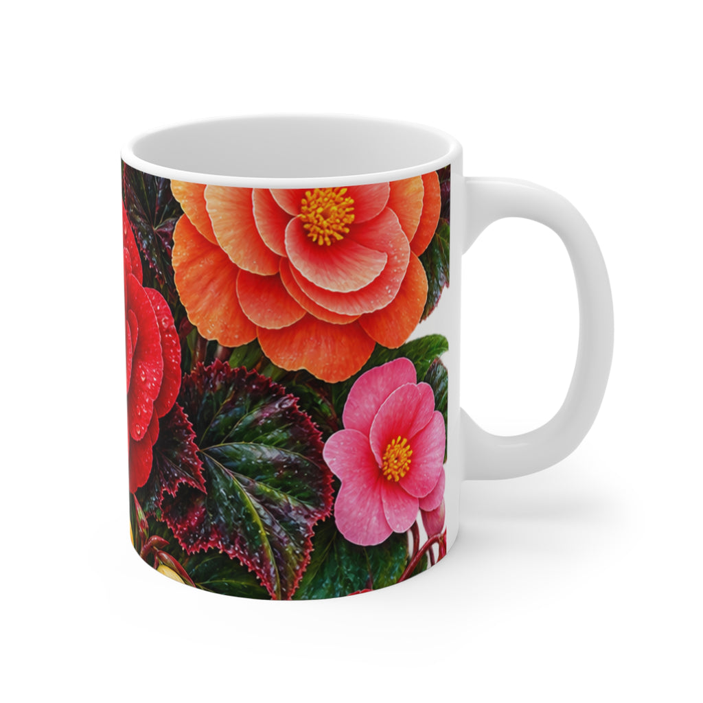 Floral Begonia Pattern Mug — Colorful Red & White Flower 11oz Ceramic
