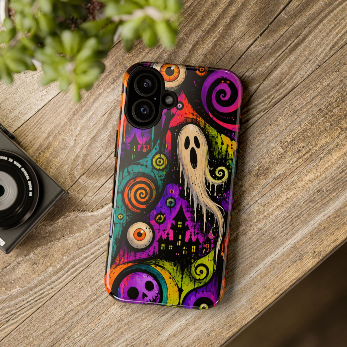 Halloween Ghost Phone Case — Colorful Spooky Skull & Haunted House Tough Case