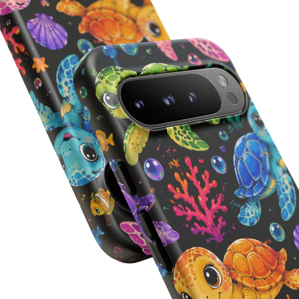 Phone Case — Colorful Cute Sea Turtles on Black (Protective Smartphone Cover)