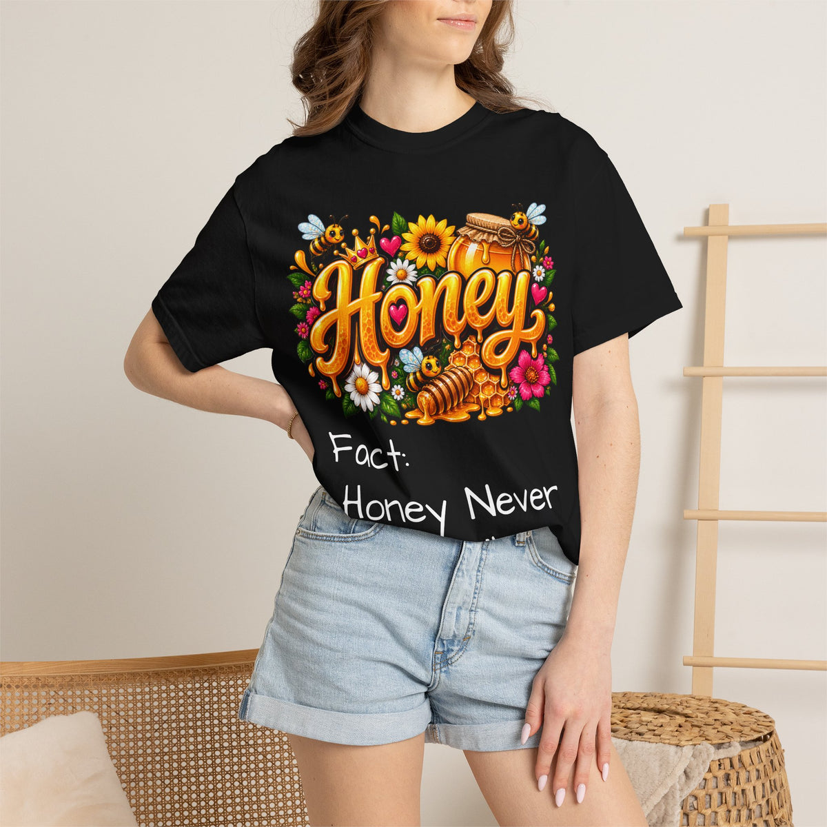Honey Graphic Black T-Shirt — “Honey Never Spoils” Vintage Floral Bee Tee
