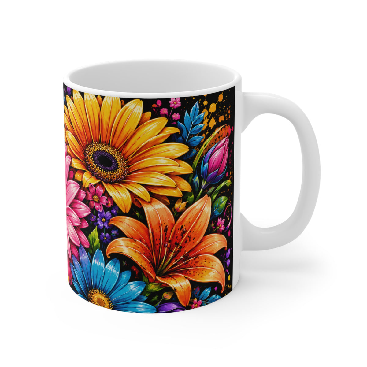 11oz Floral Coffee Mug — Bright Colorful Daisy & Lily Wrap