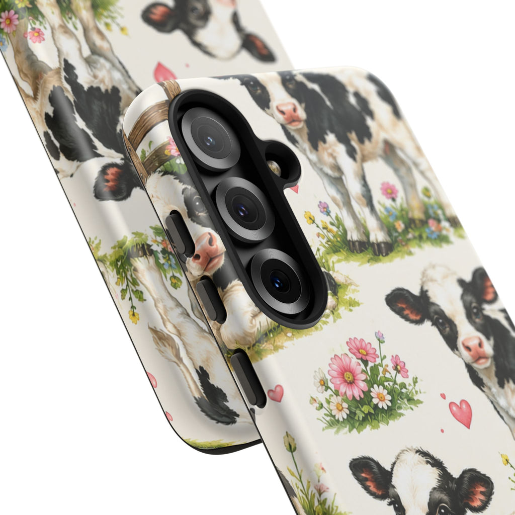 Cute Calf Pattern Phone Case – Pastel Cow Hearts & Flowers Protective Cover