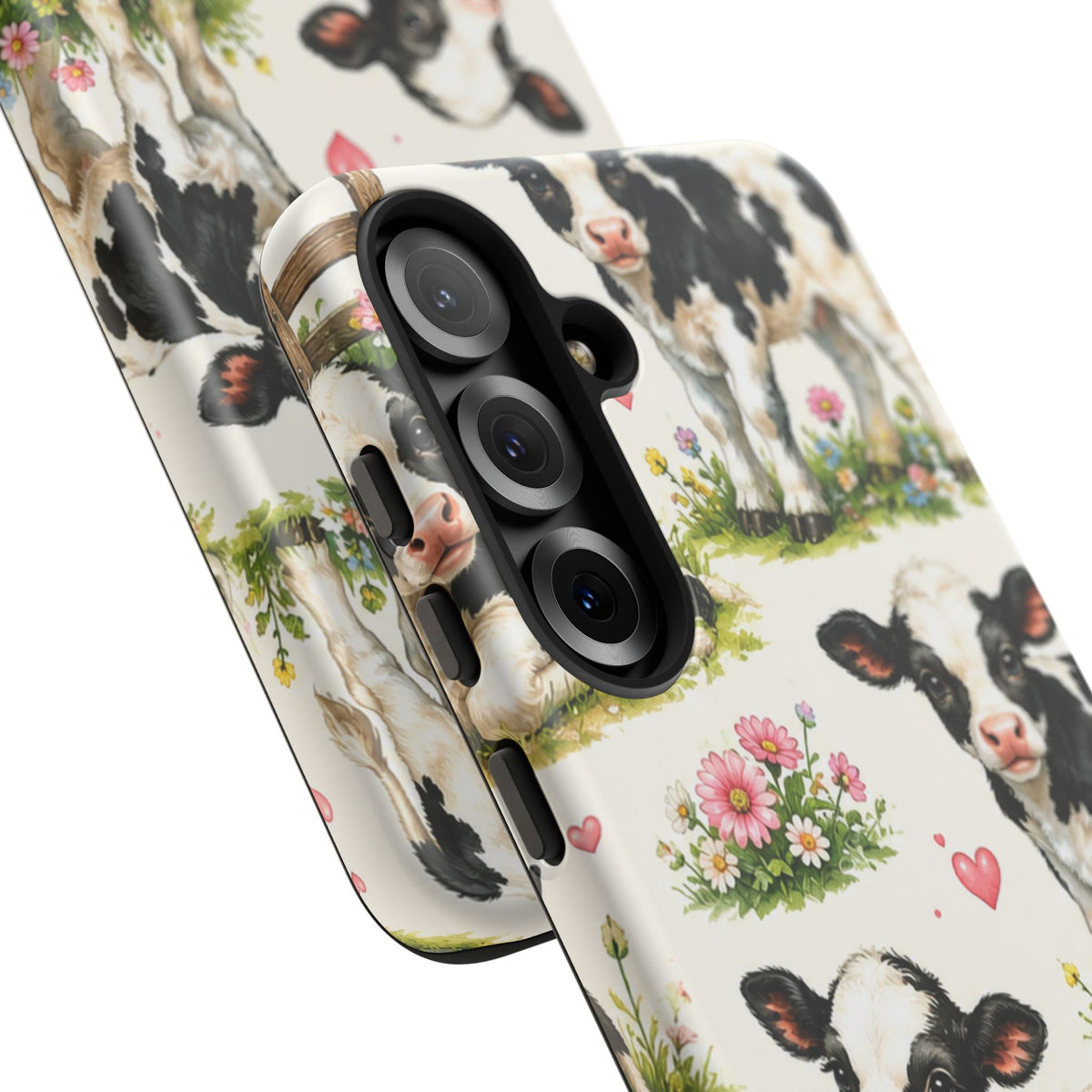 Cute Calf Pattern Phone Case – Pastel Cow Hearts & Flowers Protective Cover