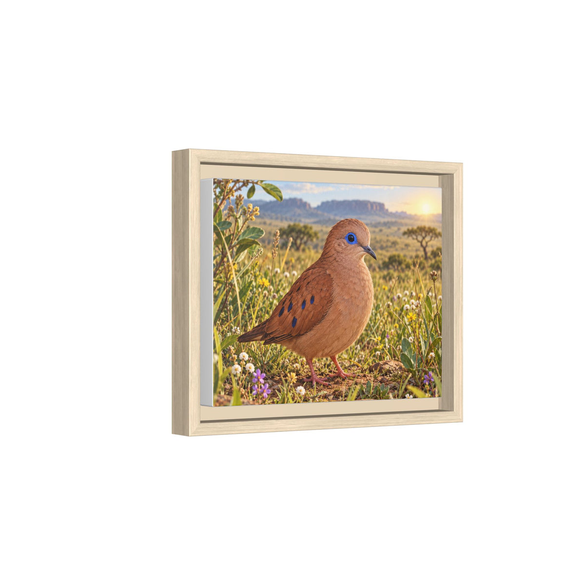 Framed Canvas Wall Art — Whimsical Little Brown Dove in Wildflower Meadow
