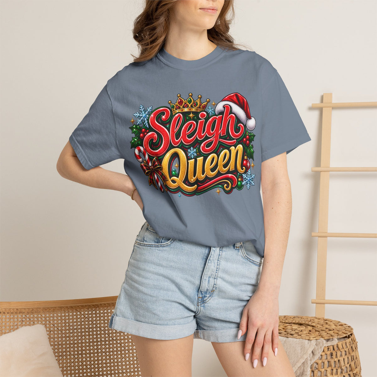 Sleigh Queen T-Shirt — Festive Christmas Holiday Tee with Santa Hat & Candy Cane Design