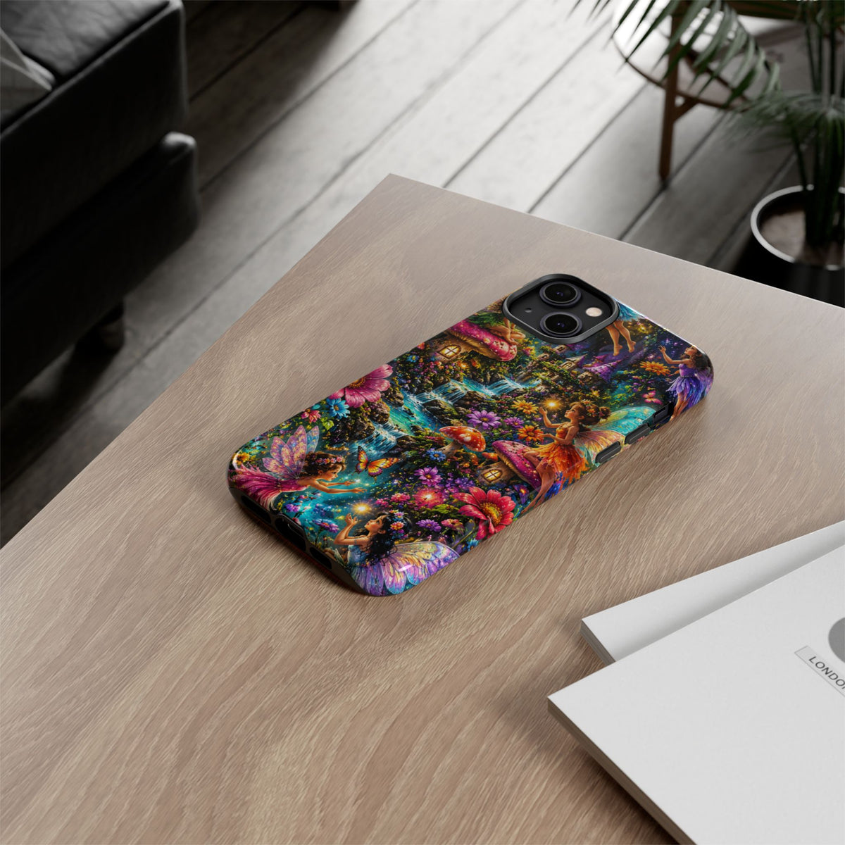 Fairy Garden Tough Phone Case — Whimsical Cottage, Waterfall & Mushroom Artwork