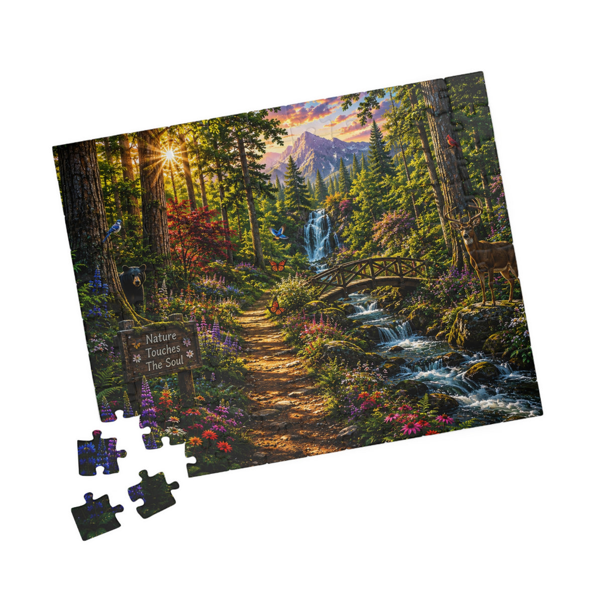 Scenic Forest Waterfall Jigsaw Puzzle — "Nature Touches the Soul" (110–1014 pcs)