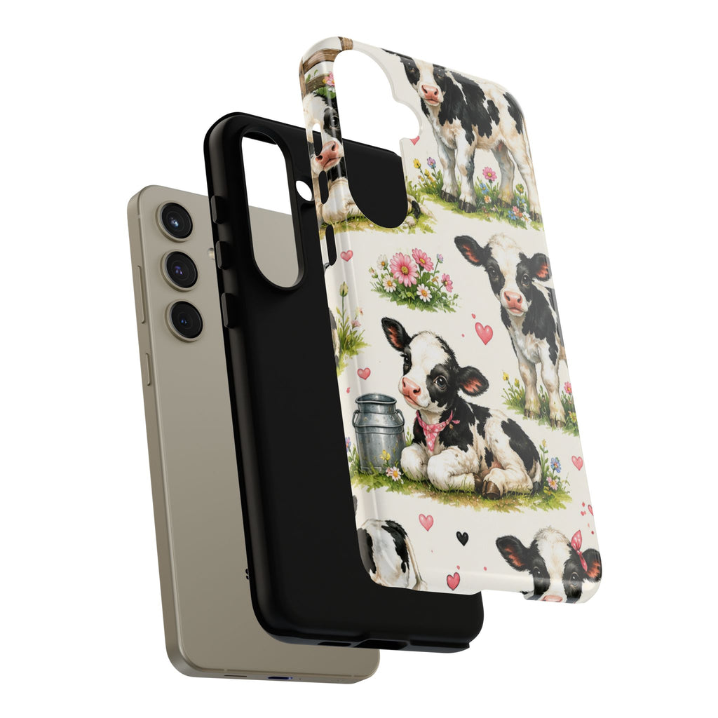 Cute Calf Pattern Phone Case – Pastel Cow Hearts & Flowers Protective Cover