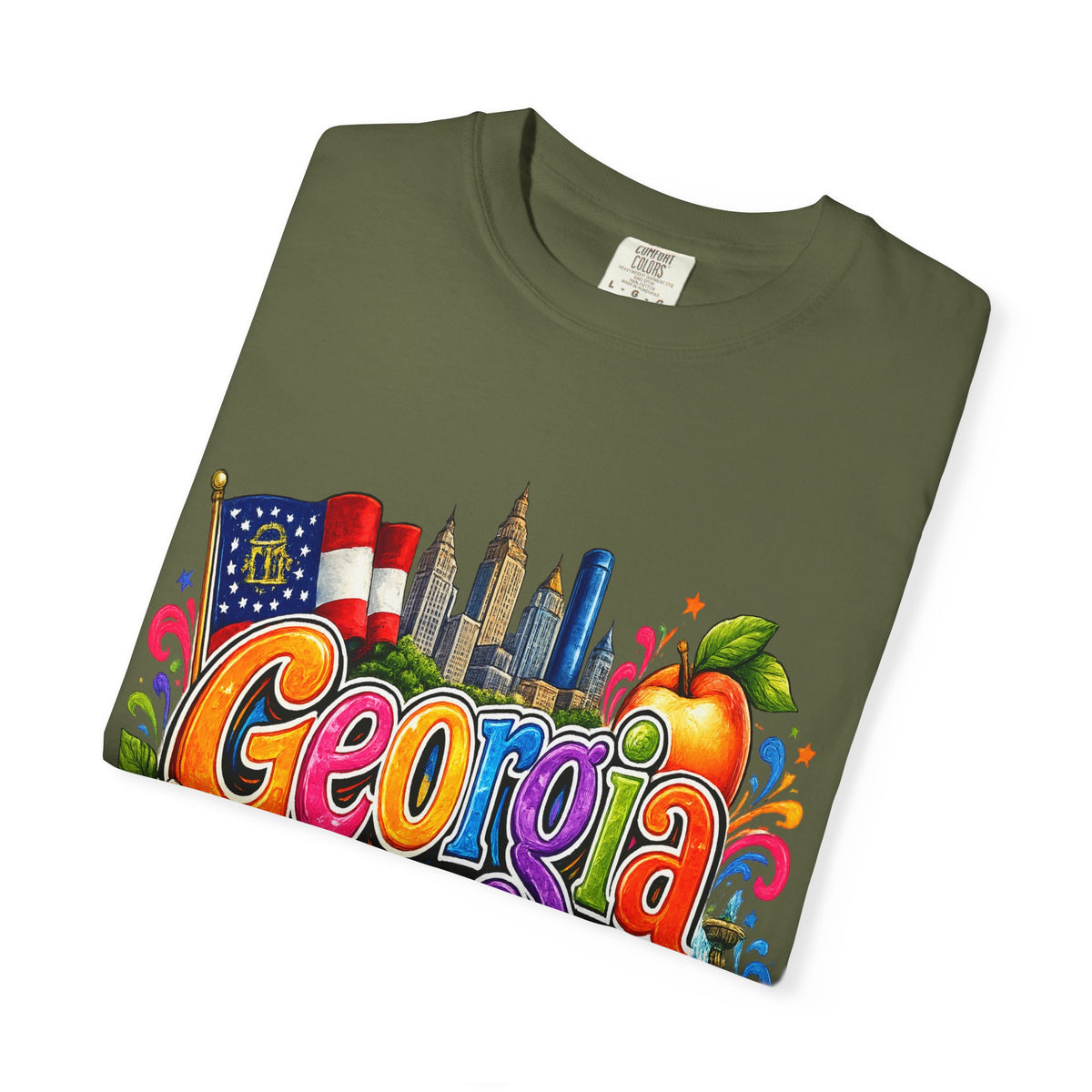 Georgia state illustration T-shirt | Atlanta skyline, peach, magnolia
