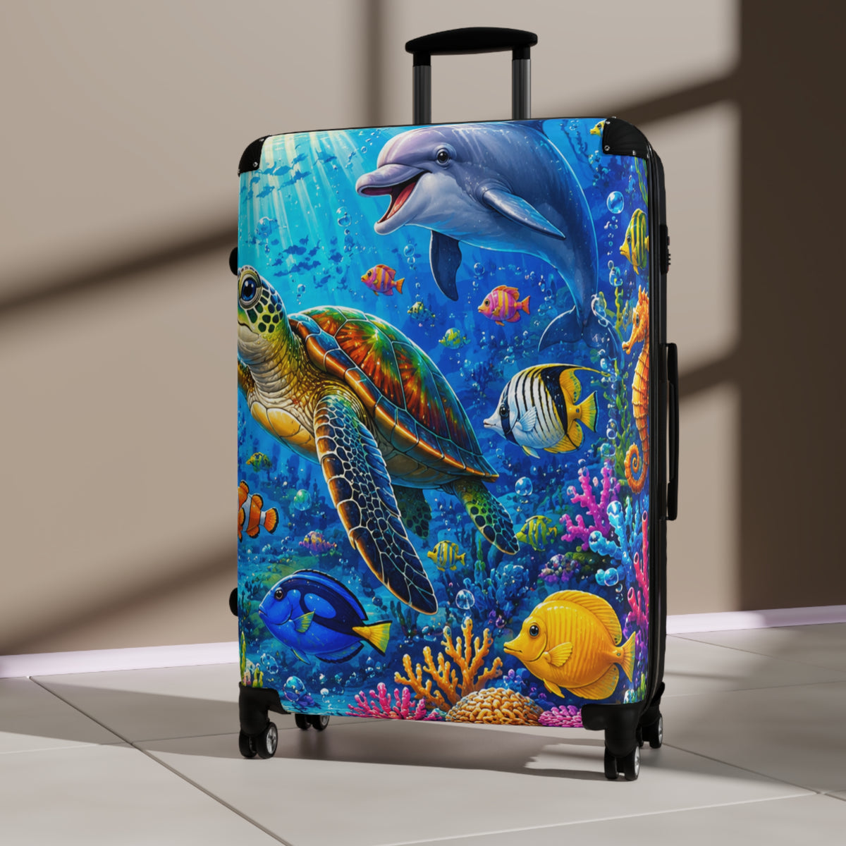 Ocean Life Carry-On Suitcase — Colorful Sea Turtle & Dolphin Luggage Cover